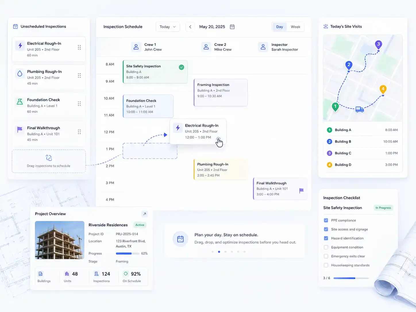 Construction inspection scheduling dashboard with map