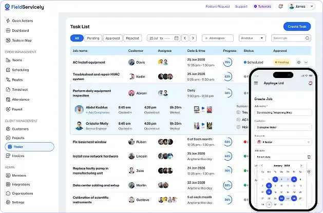 Task management dashboard with mobile job creation form