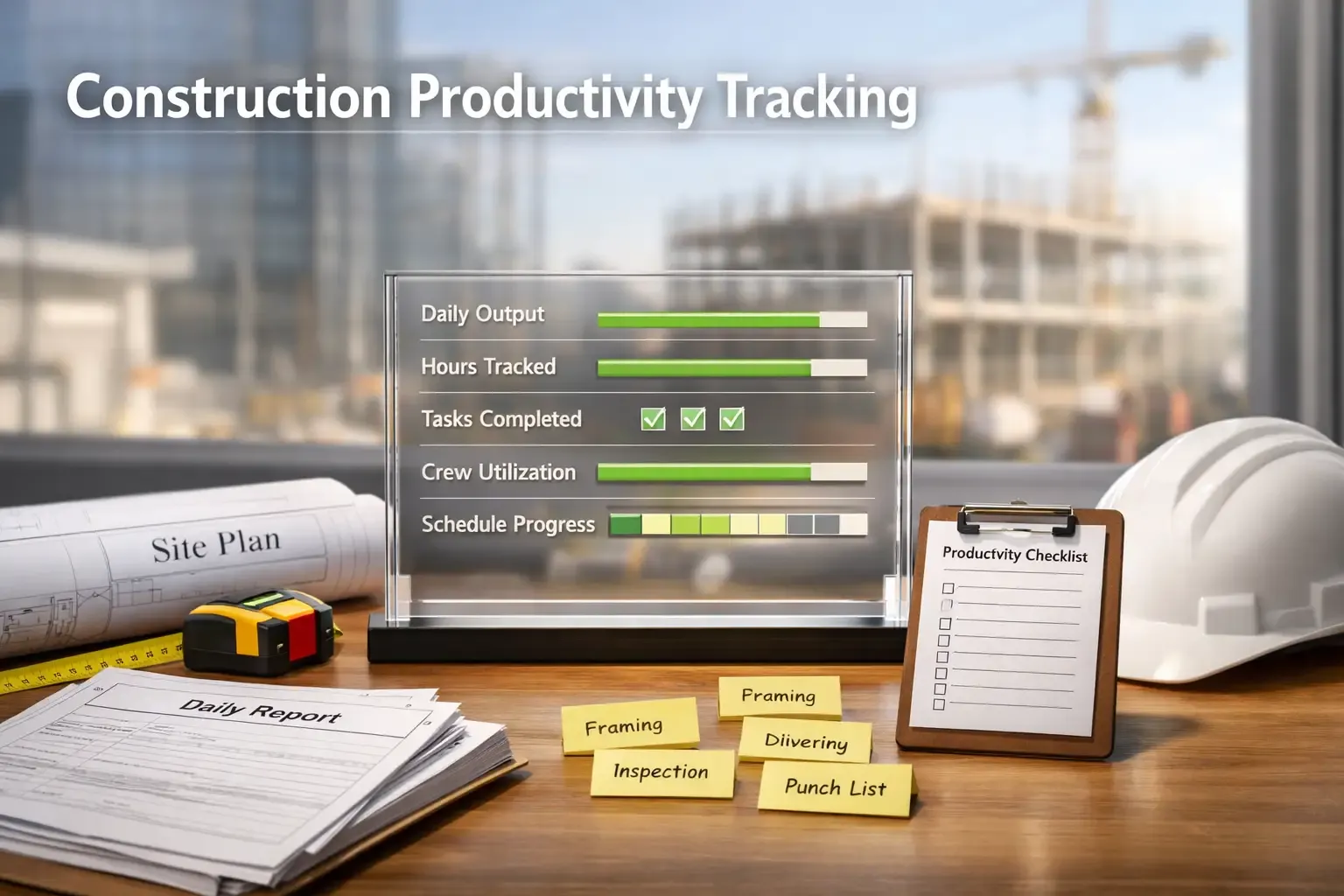 Construction productivity tracking dashboard with daily output and crew utilization metrics