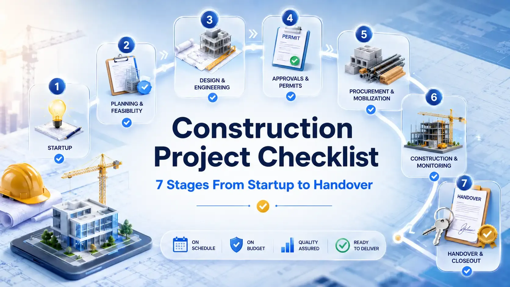 Construction project checklist 7-stage handover graphic