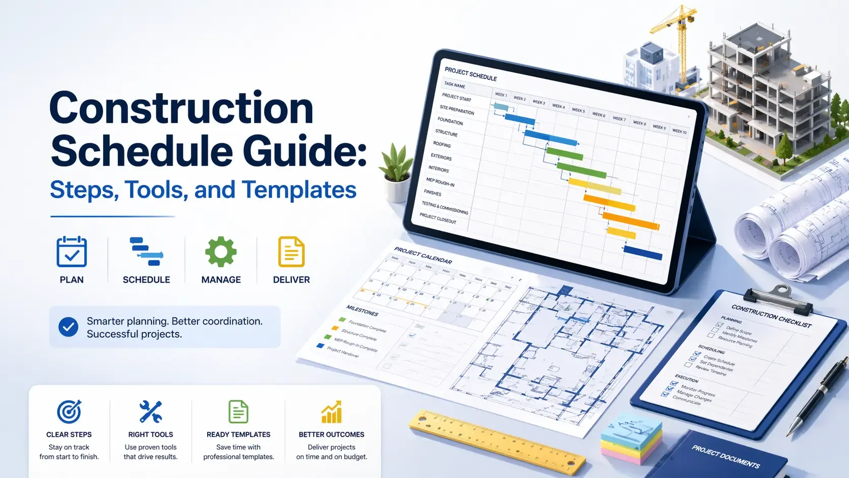 Construction schedule guide graphic with tablet and plans