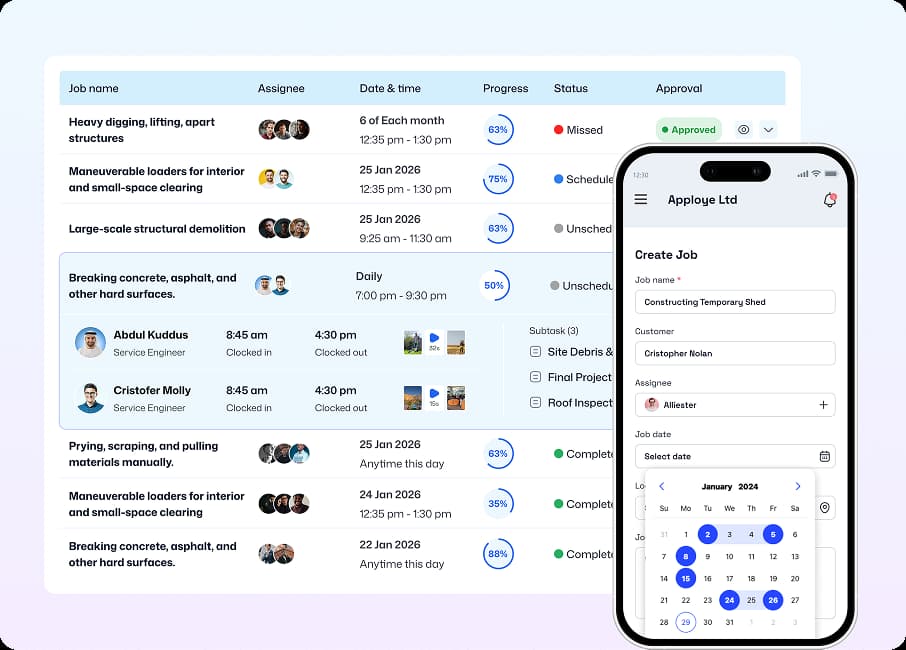 Construction scheduling dashboard with mobile job form