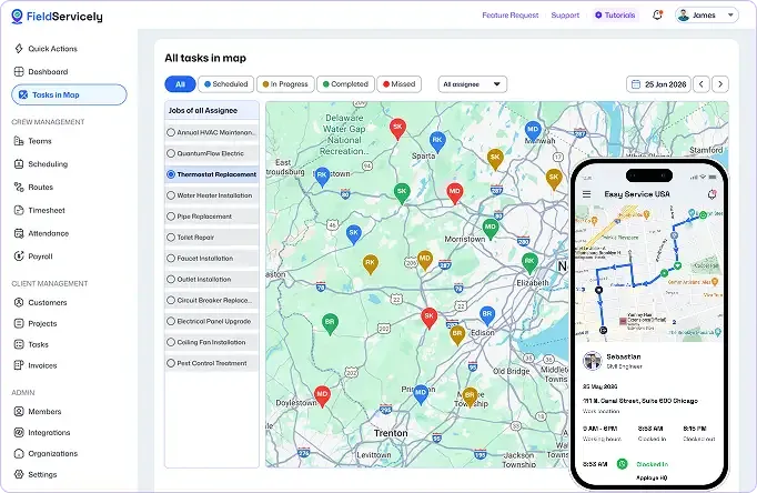 Tasks map dashboard with mobile live GPS tracking view