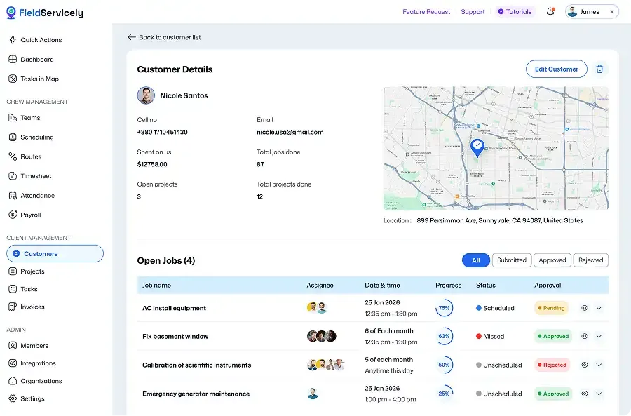Customer details dashboard with map and open jobs list