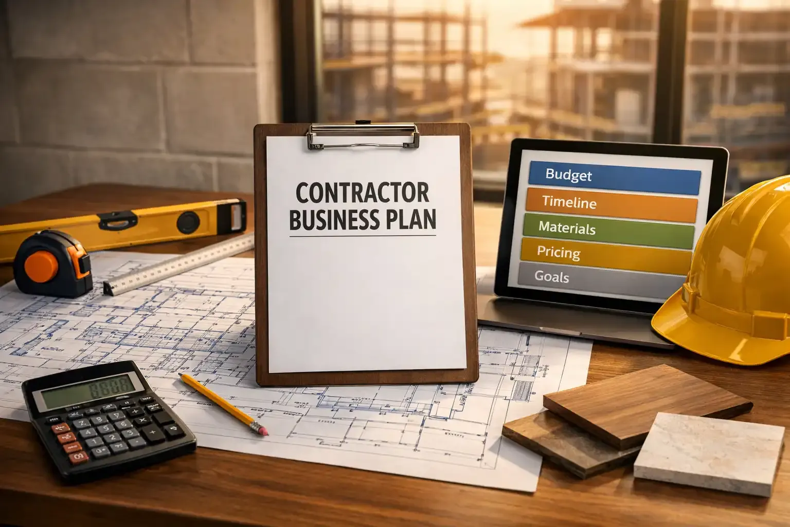 Contractor business plan clipboard with blueprints, tools, and a laptop