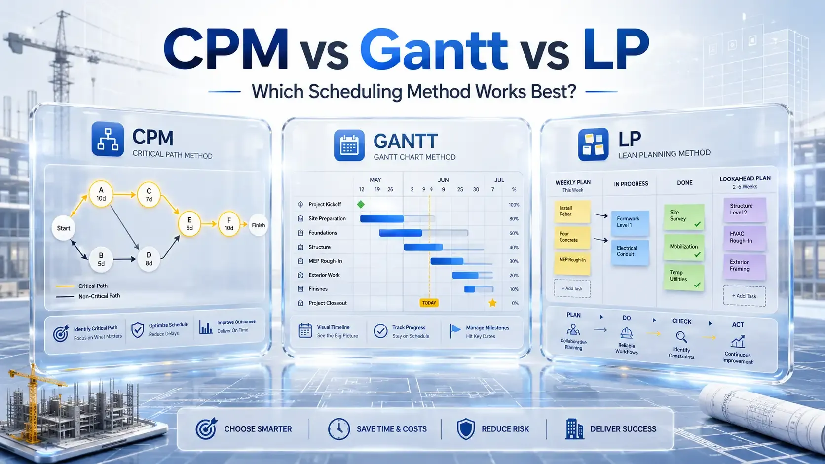CPM vs Gantt vs LPS construction scheduling comparison