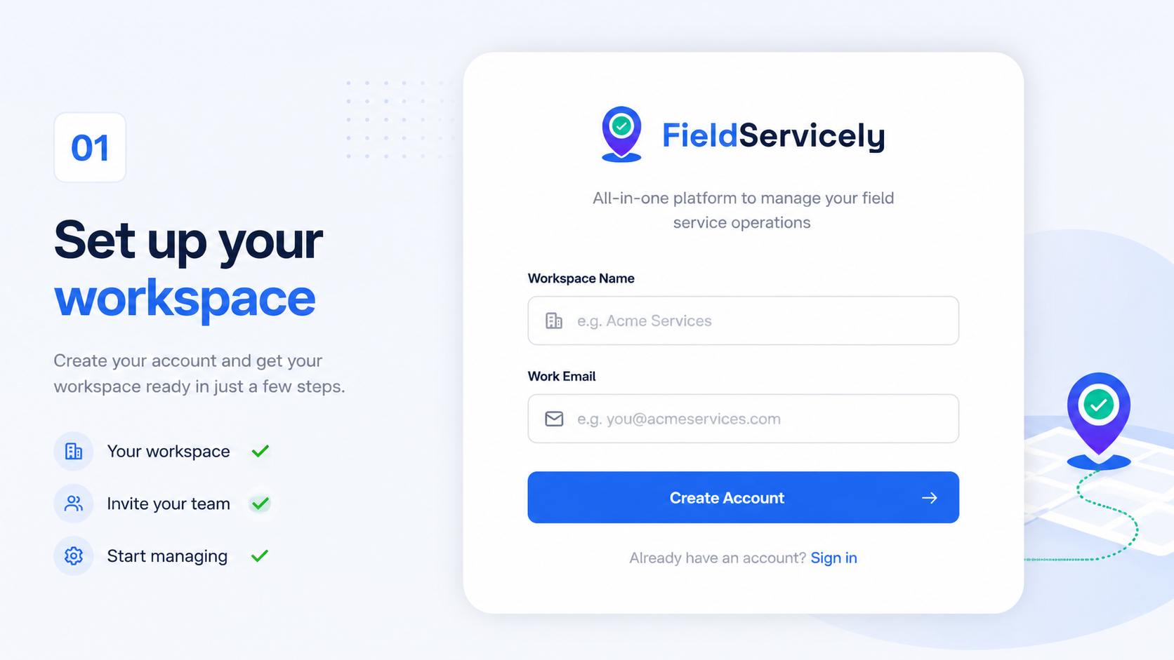 FieldServicely new account registration screen