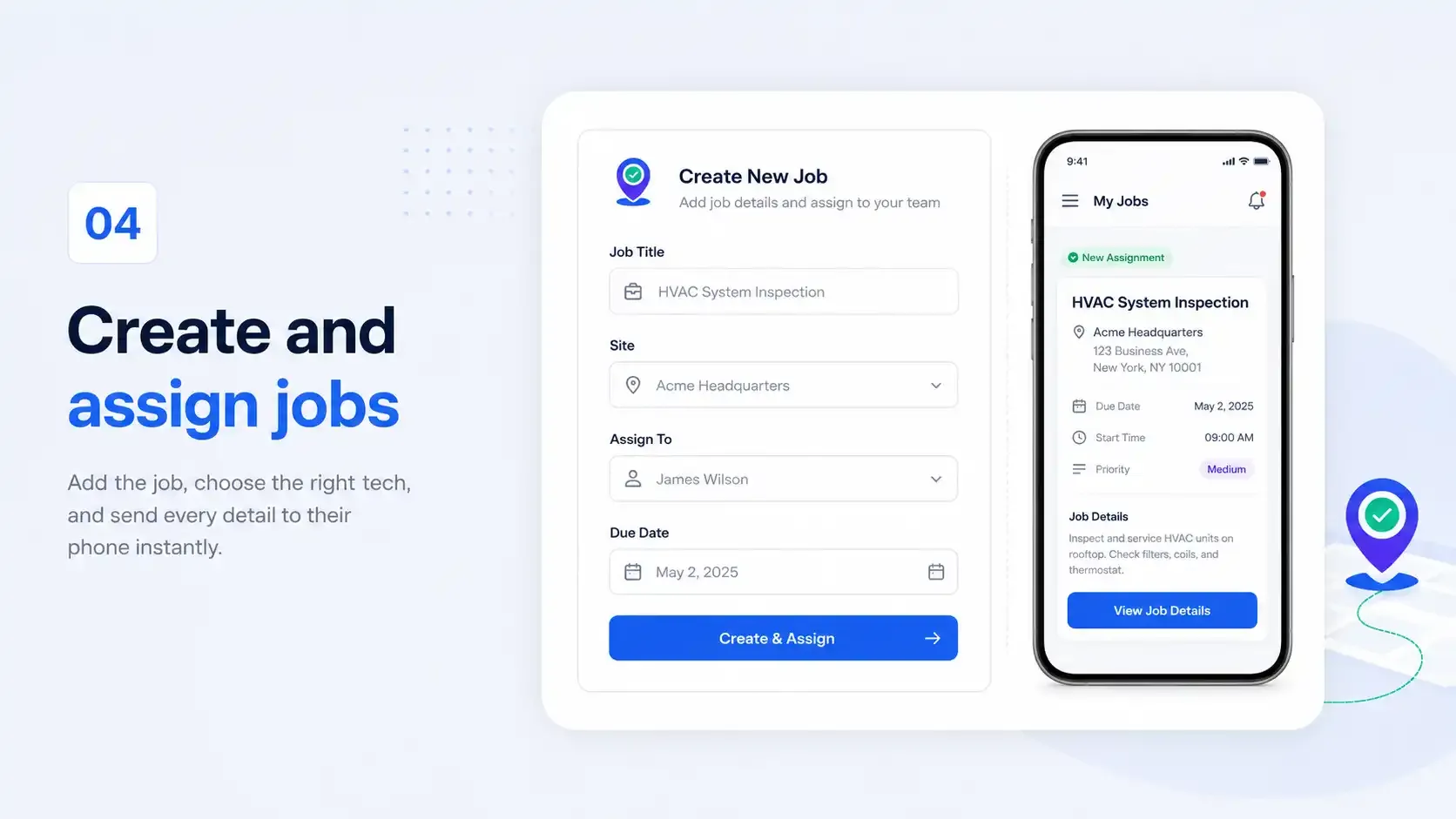 Job assignment in FieldServicely mobile workforce management app
