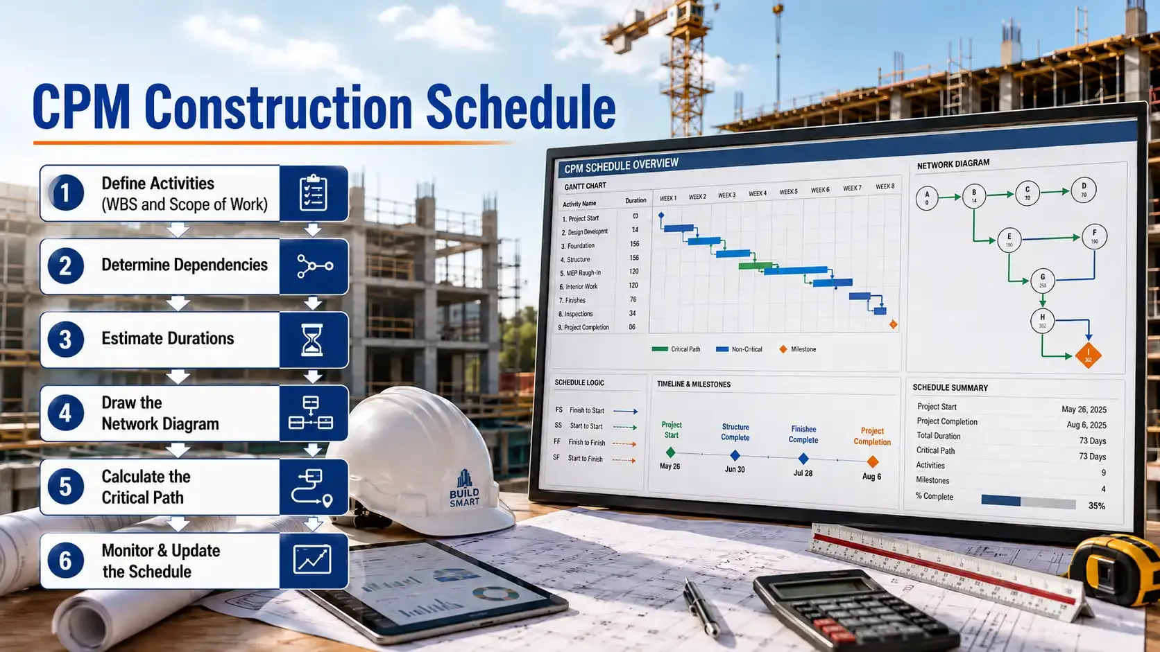 CPM construction schedule infographic with gantt chart