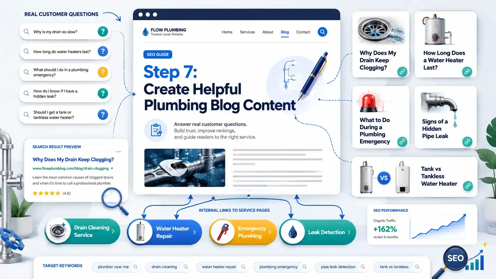 Helpful plumbing blog content for SEO and service links
