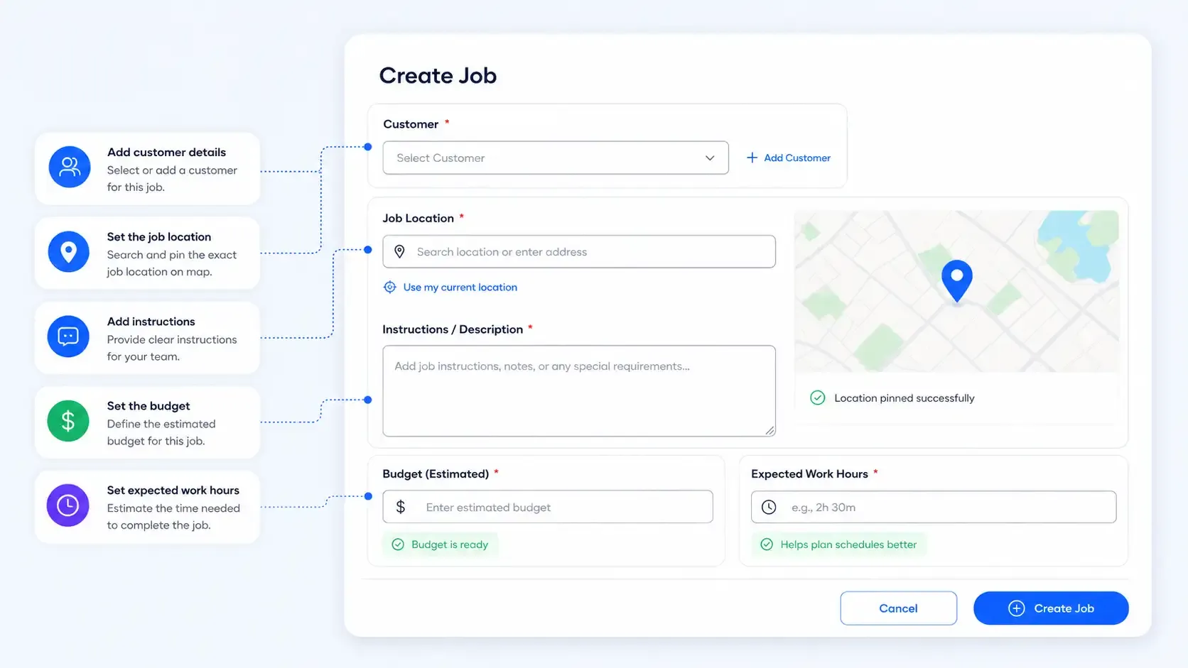 Create job form with map, budget and work hour fields
