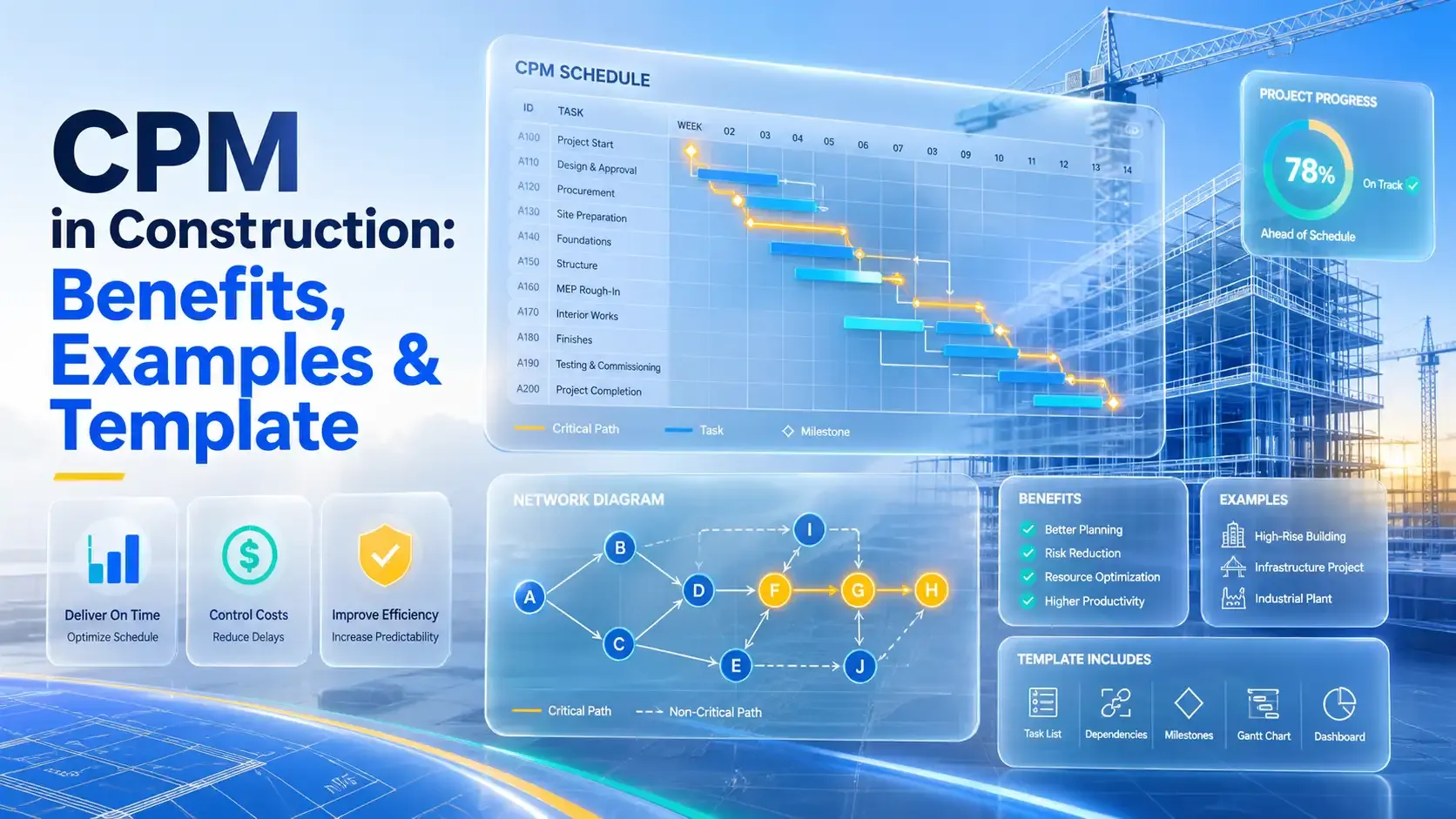 CPM construction schedule graphic with chart and benefits