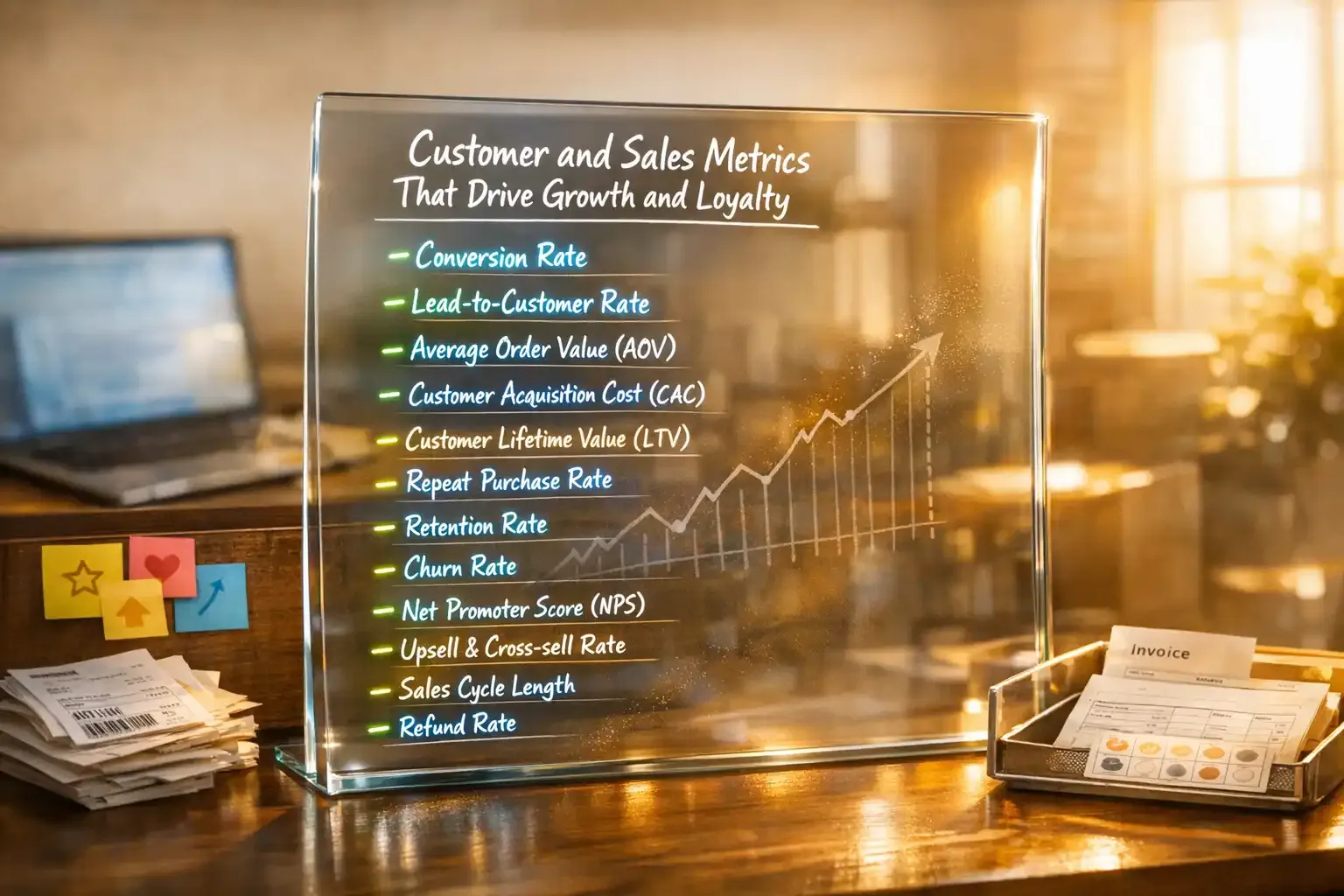 Glass board shows customer and sales metrics list with a rising chart, office desk