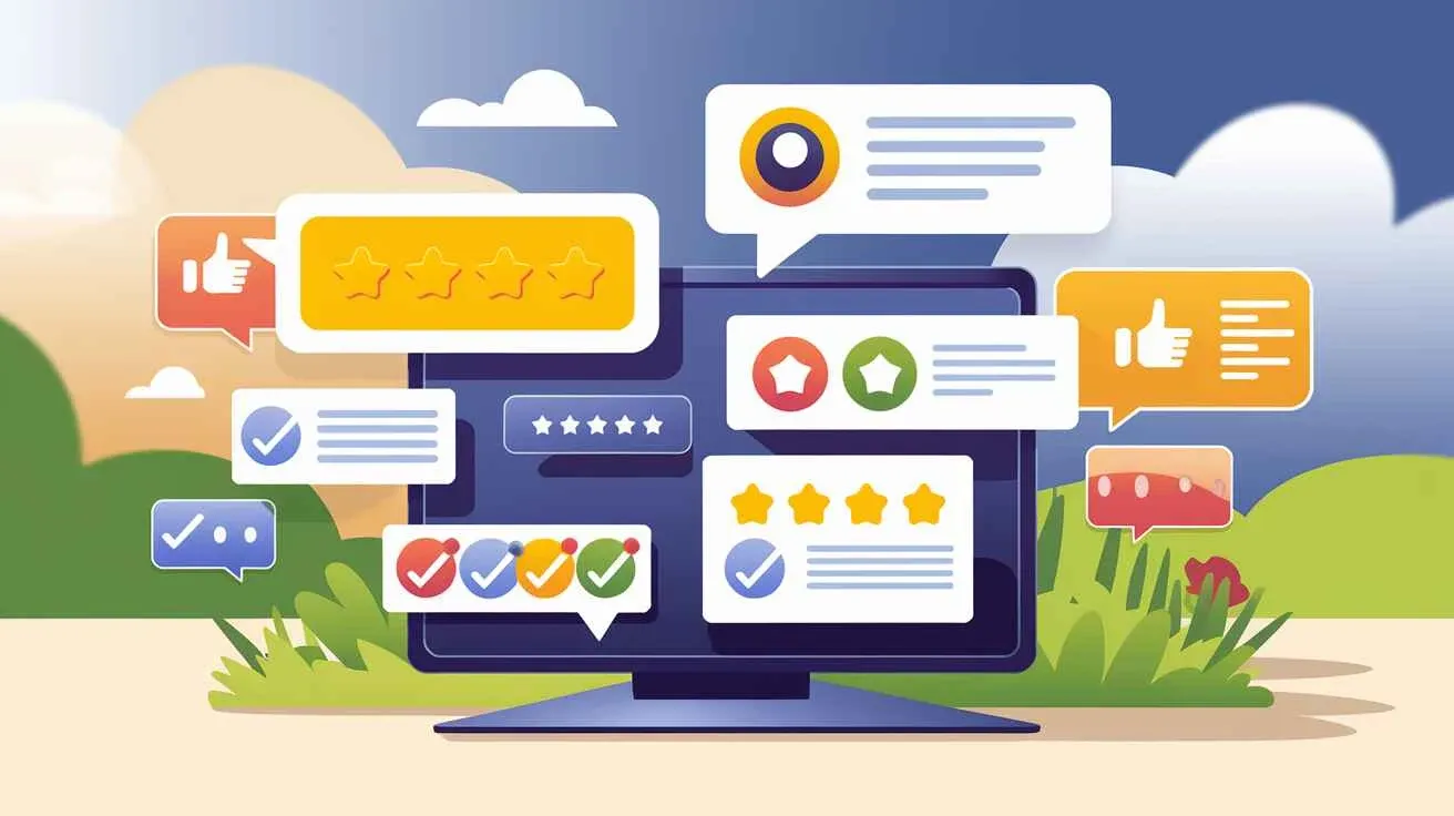 Digital interface with star ratings, thumbs-up icons, and chat bubbles on a bright, futuristic background.