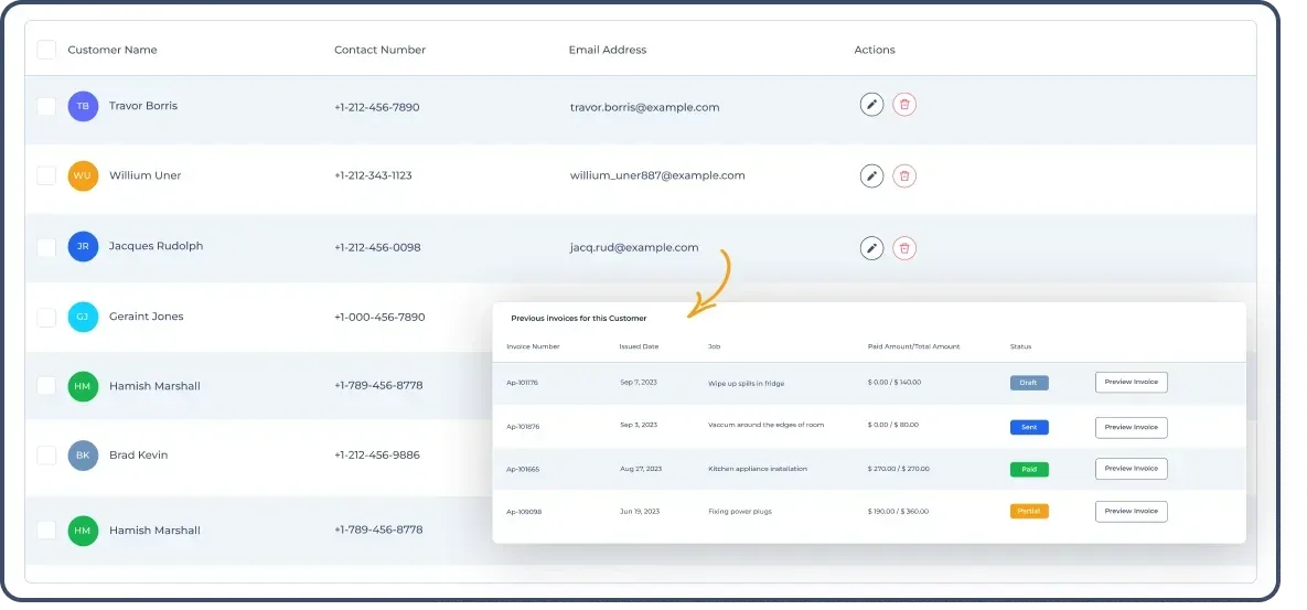 Customer profile in FieldServicely with name, contact number, email address and invoice history.