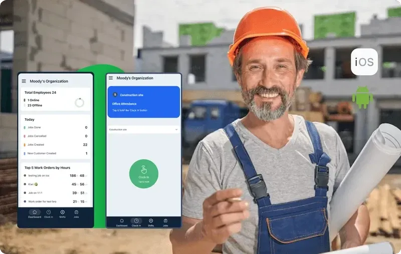 Mobile apps showing the time clock app, beside a smiling field worker in his job site