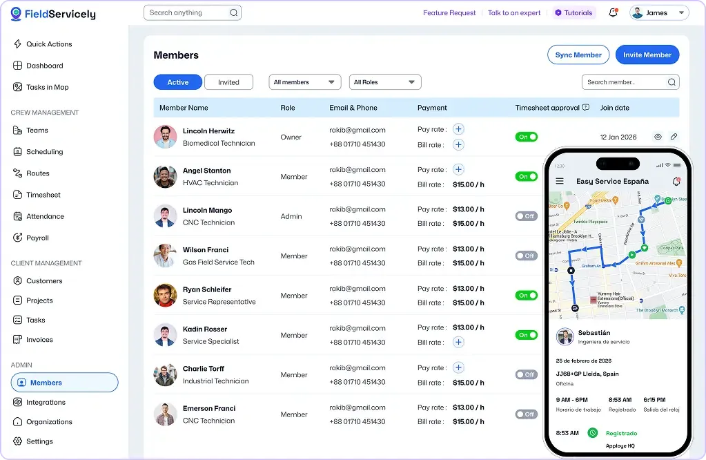 Member management dashboard showing team roles and pay