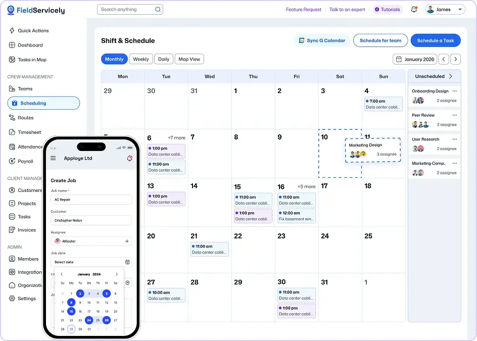 Monthly shift scheduling calendar dashboard interface