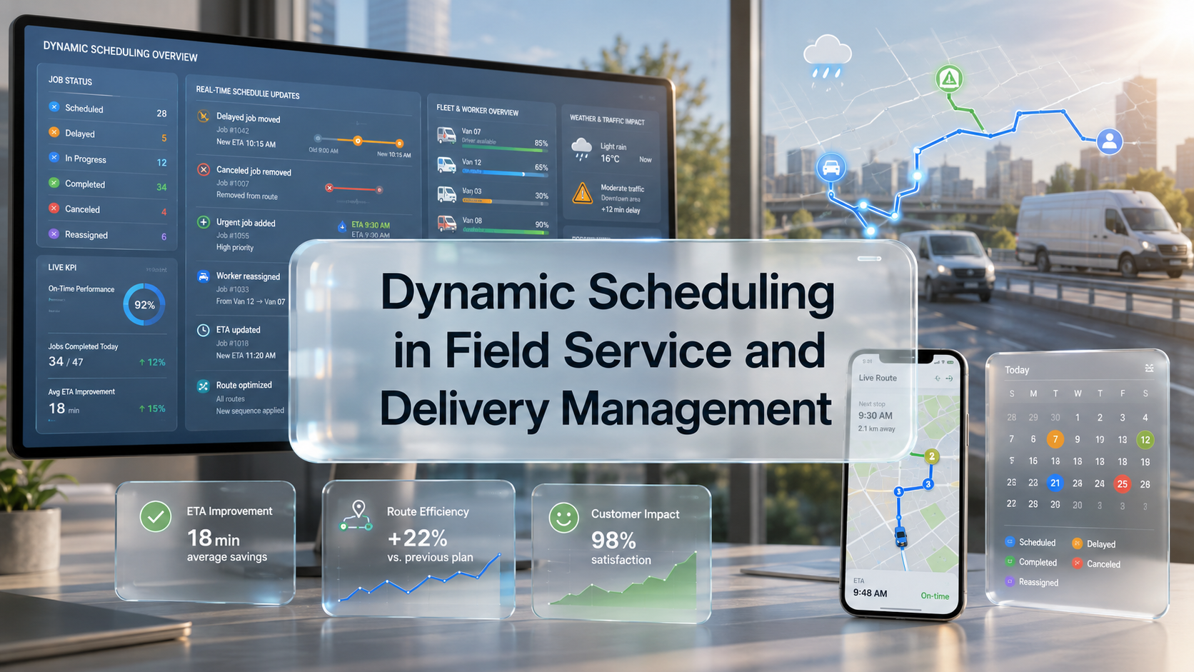 Dynamic scheduling feature image with live route and ETA dashboard