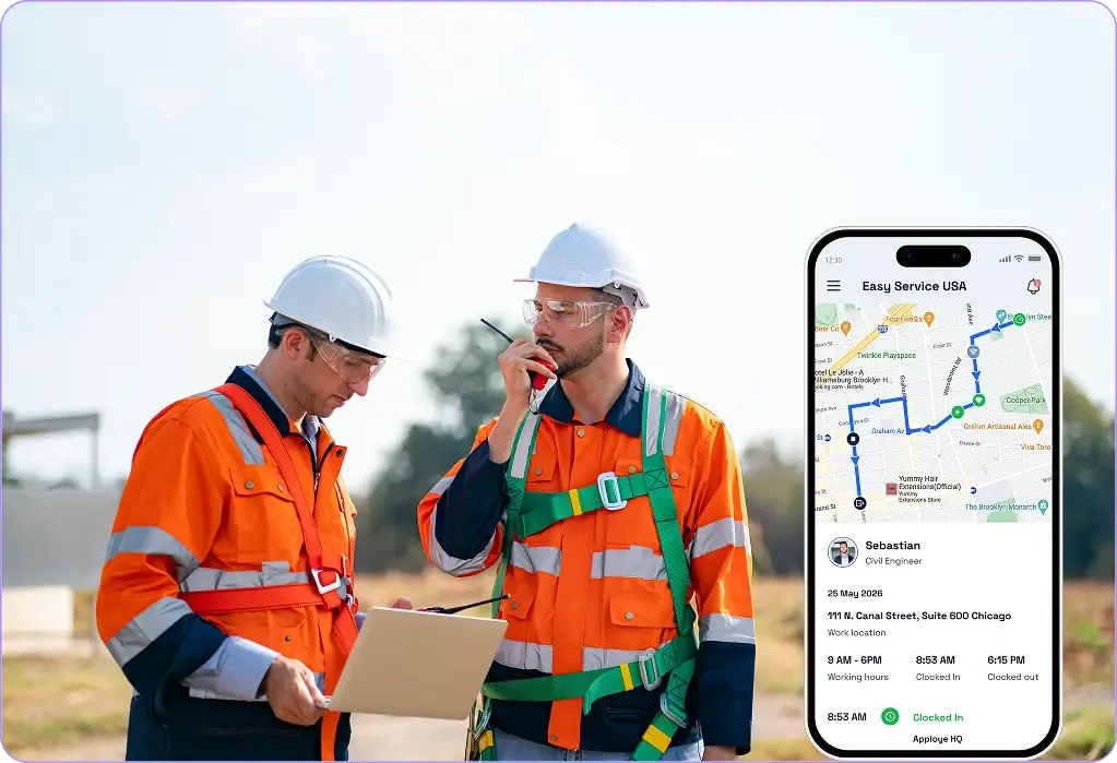 Field workers with mobile GPS tracking and route app