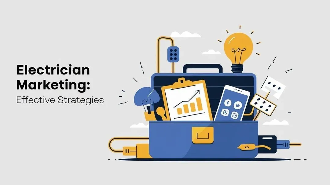 Phone, clipboard inside an electrician box, with texts Electrician Marketing: Effective Strategies.