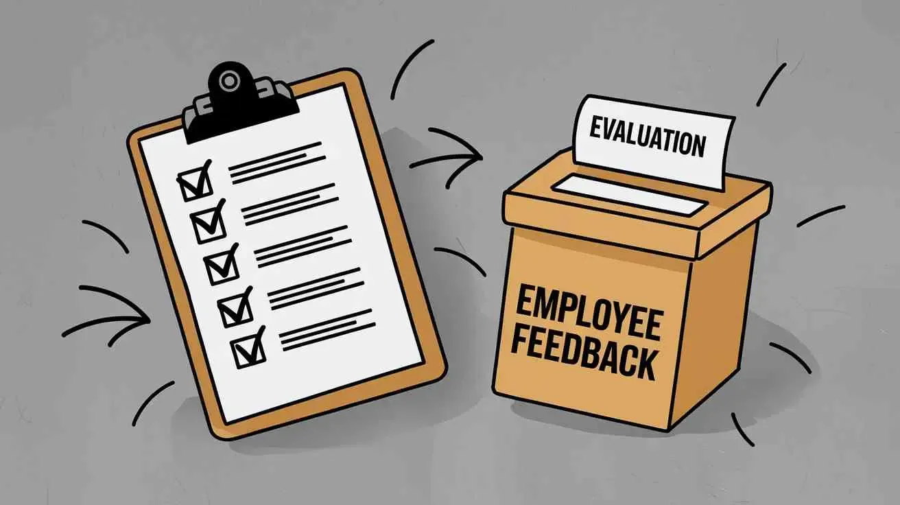 Animated clipboard with checkmarks and a box labeled Employee Feedback with an evaluation paper.
