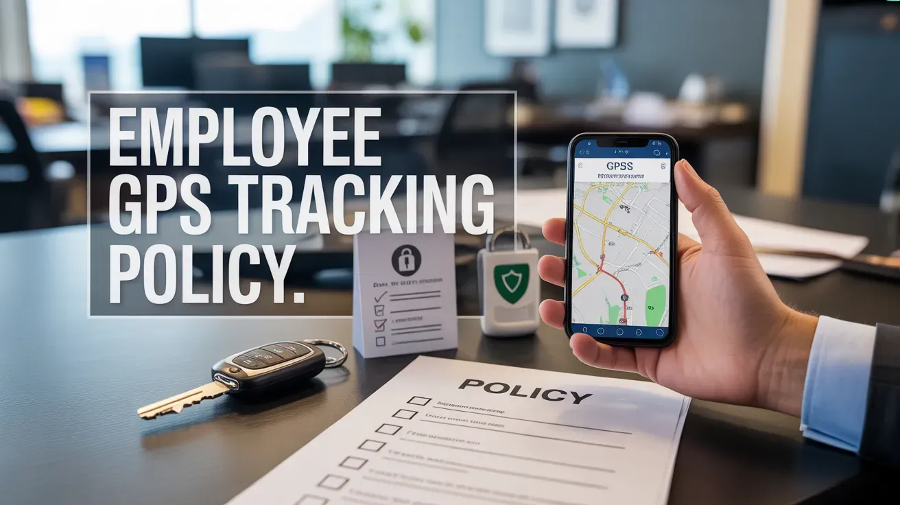 Employee GPS tracking policy with phone map and policy checklist on desk