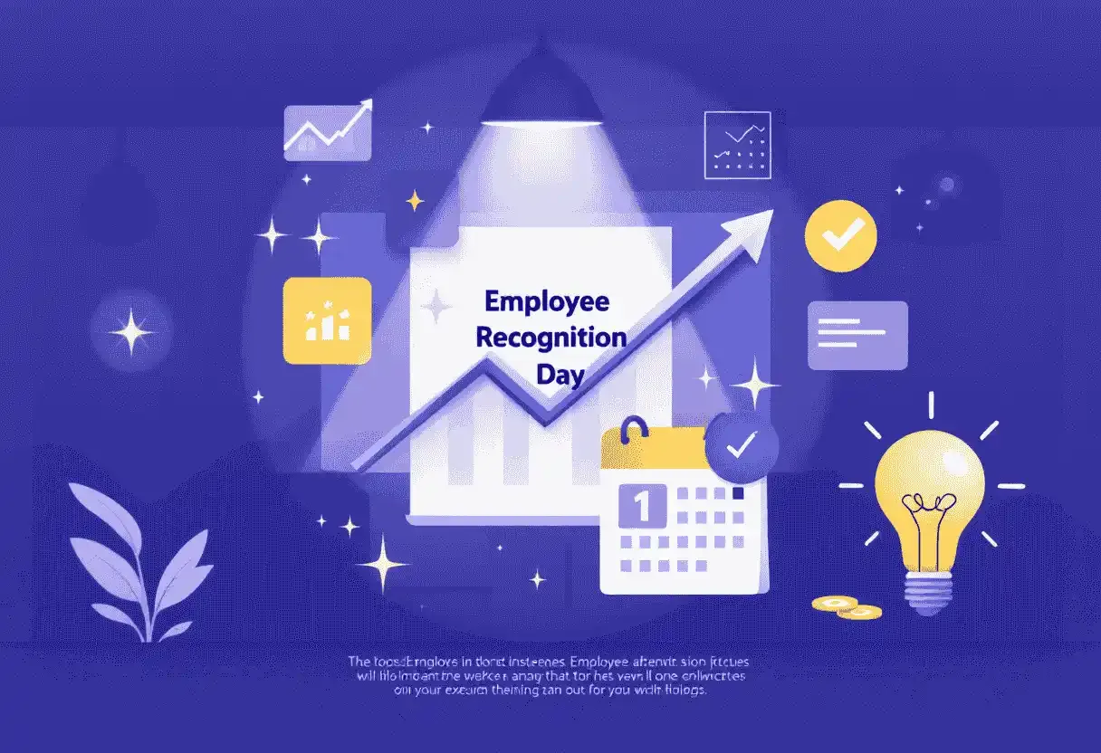 Employee Recognition Day graphic with charts, calendar, light bulb, and upward arrow.