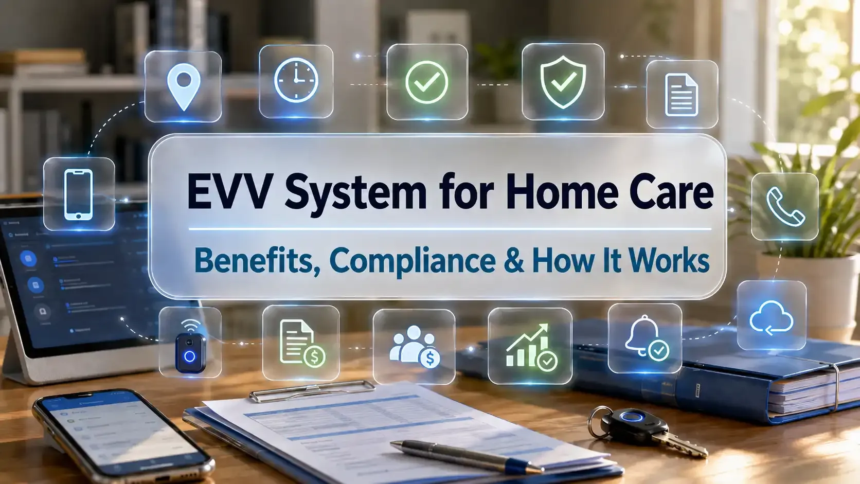 EVV system for home care feature image with compliance icons