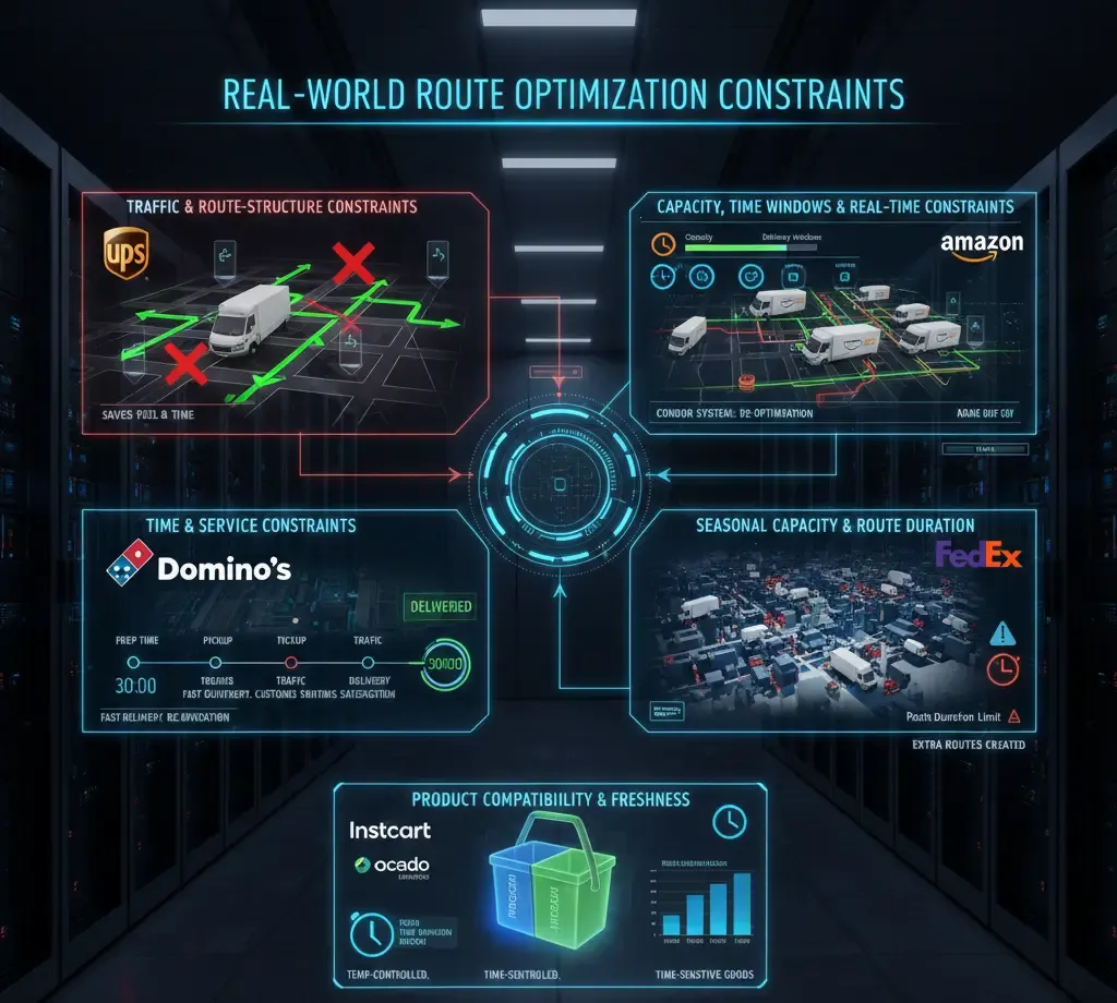 Infographic showing real-world route optimization constraints across companies