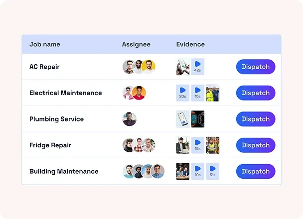 GPS time clock dispatching dashboard with job list, assignees, proof of work, and dispatch button