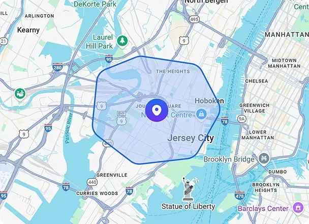 GPS time clock geofencing map shows jobsite radius near Jersey City, NJ