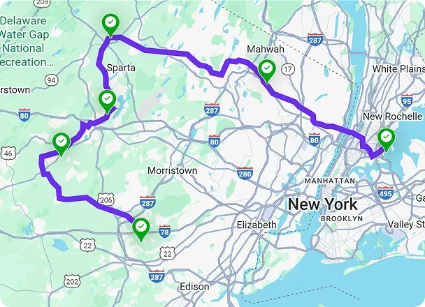 GPS time clock route tracking map with verified stops across New York area