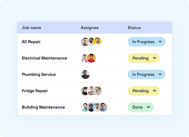 GPS time clock job management list showing job name, assignee, and status updates