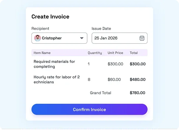 GPS time clock with invoicing screen converting labor hours and materials into invoice totals