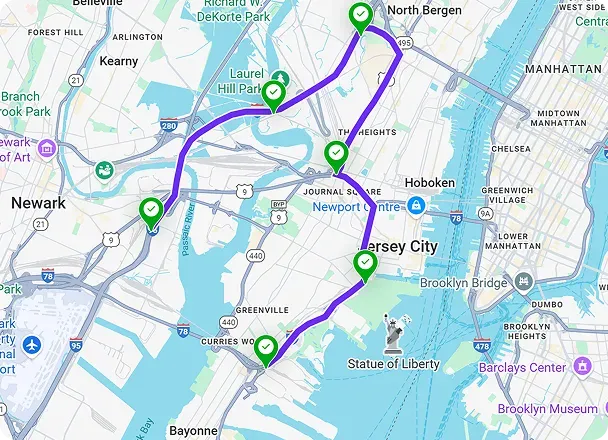 GPS time clock route optimizer map showing planned stops and verified check-ins in NYC