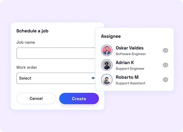 GPS time clock scheduling screen to create jobs, assign technicians, and plan work orders