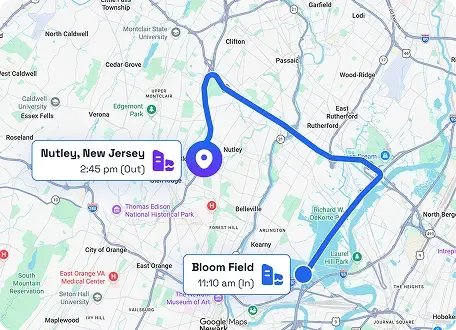 GPS time clock map showing employee route and location timestamps