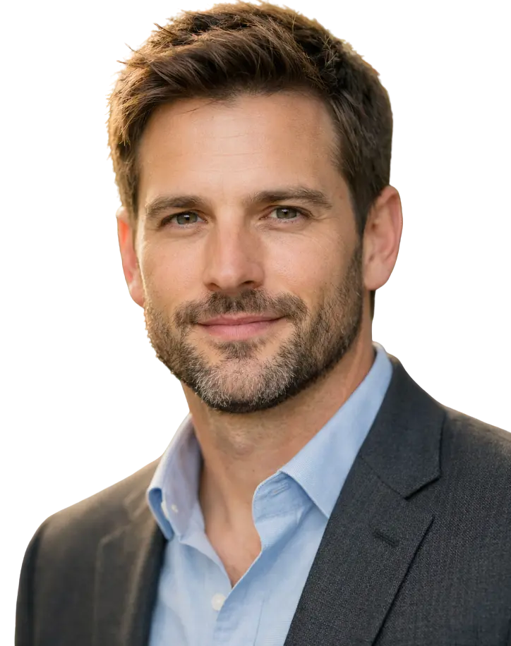 Professional headshot of smiling man in blue shirt
