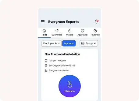 Mobile time tracking app showing job check-in screen