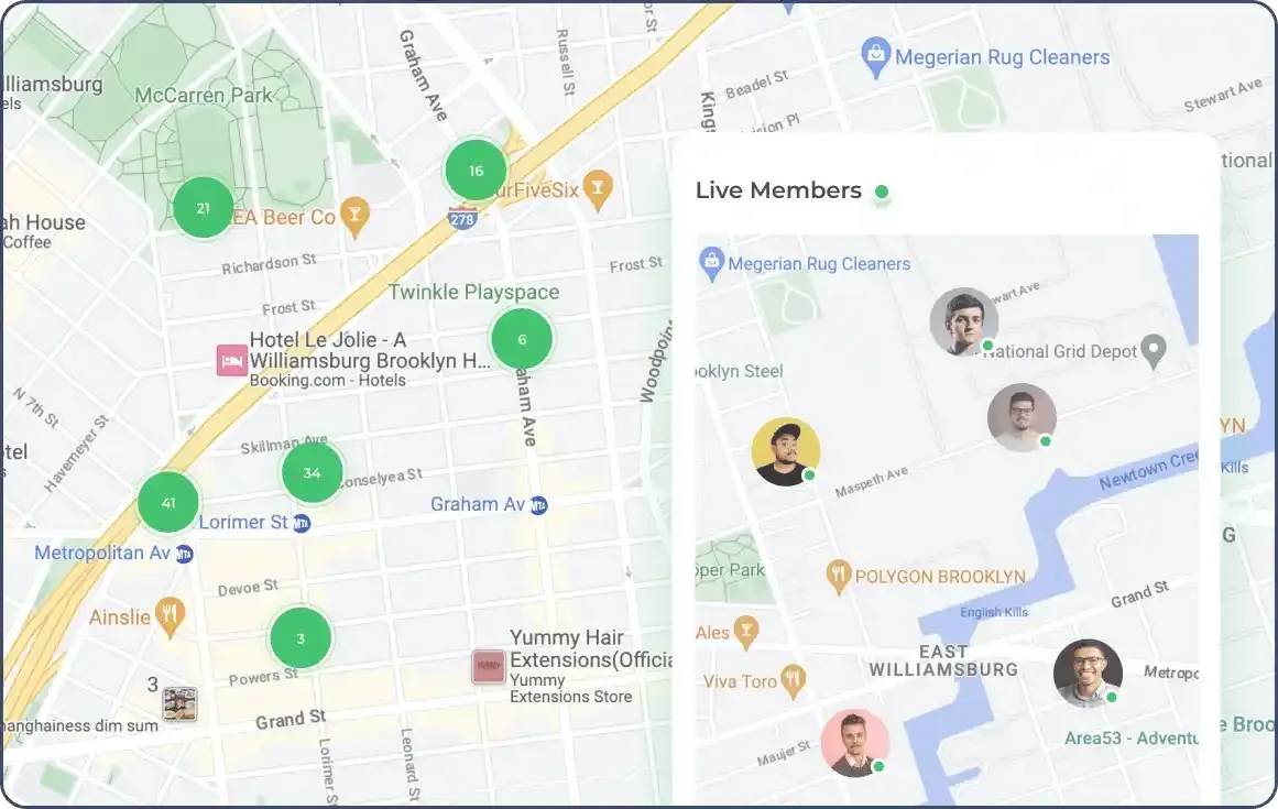Numbers showing how many field employees are in a location, along with images of employees in zoomed in view on the map