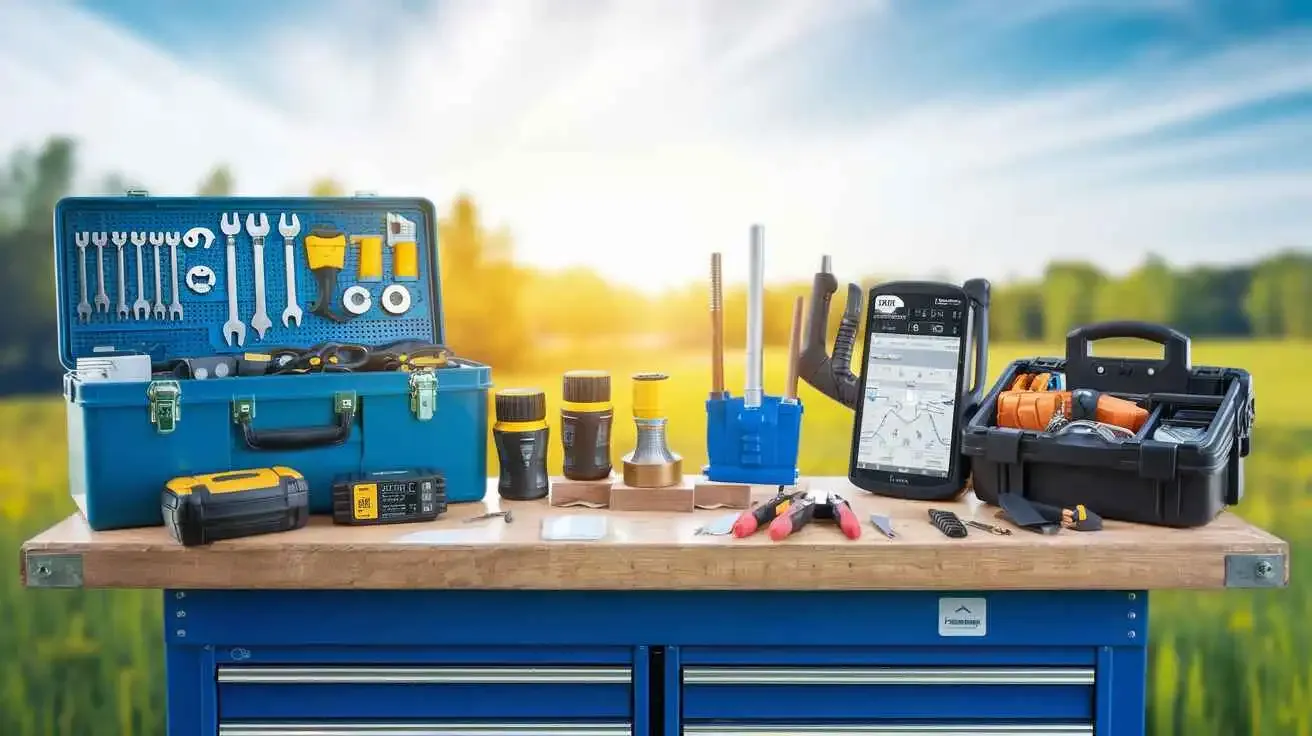 Neatly arranged field service equipment on a workbench outdoors.