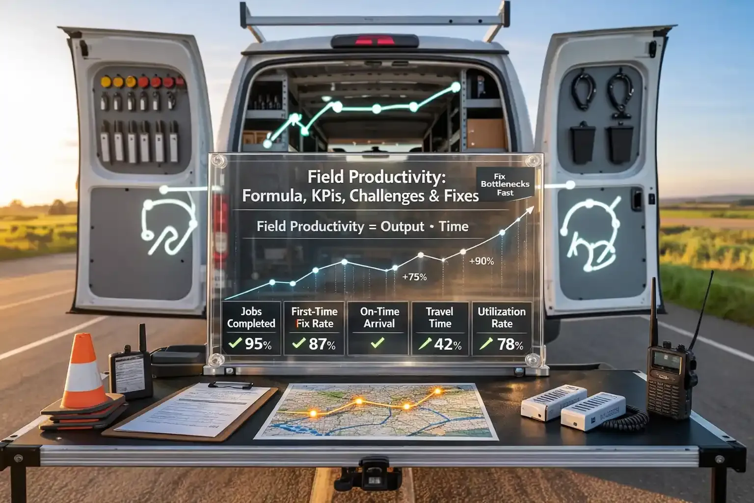 Field productivity dashboard on glass panel at work van, KPI chart, and tools now