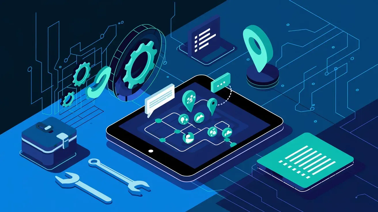 Tablet on table, with map icons and wrench, for working with field service