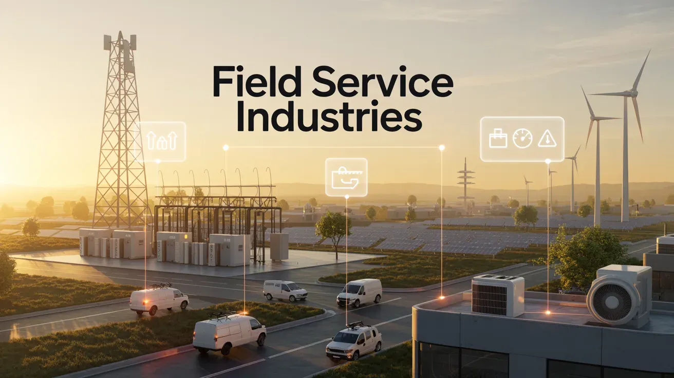 Field Service Industries heading over solar, wind, grid, and service vans at dawn