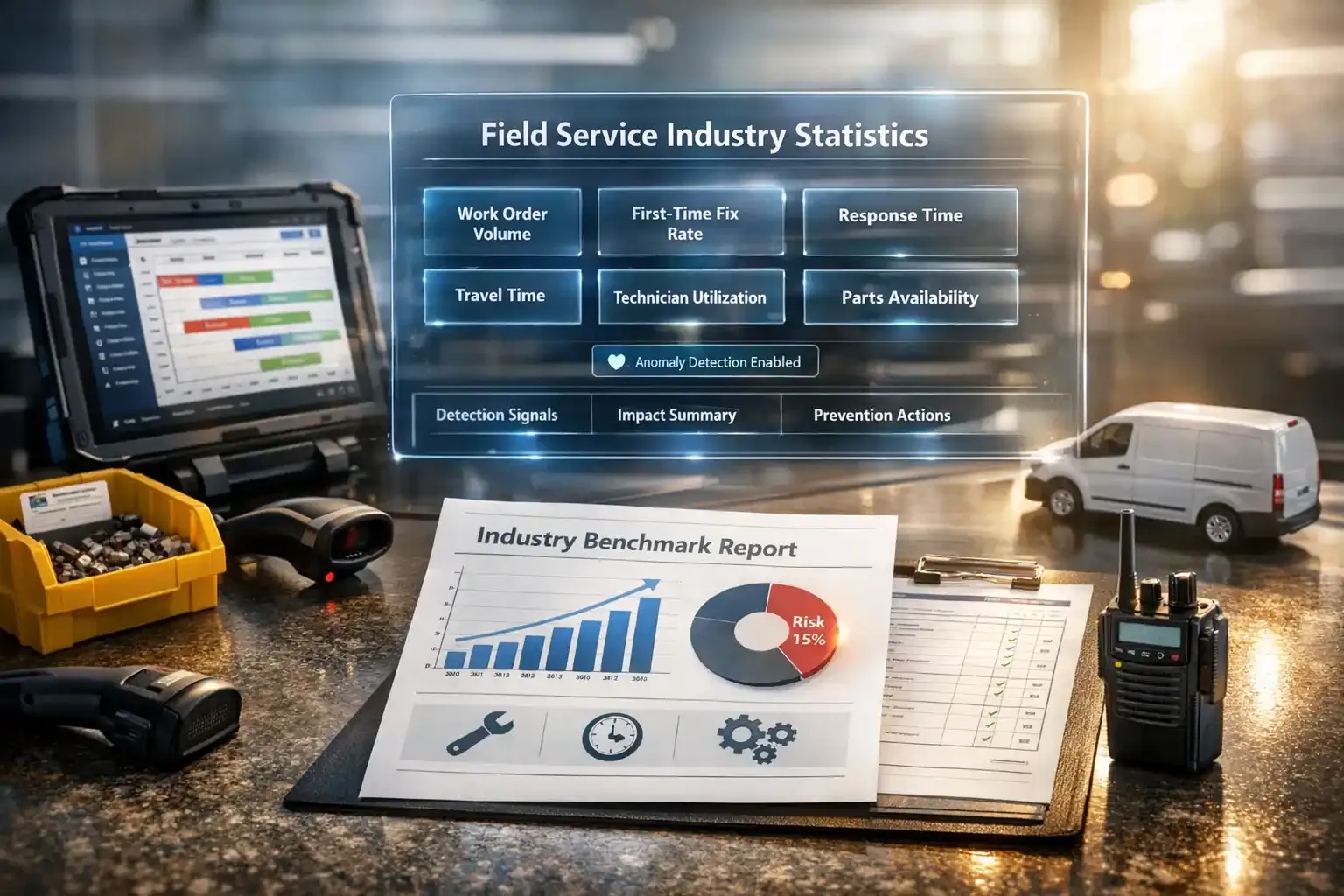 Field service stats dashboard on workbench with tablet, report chart and van kit