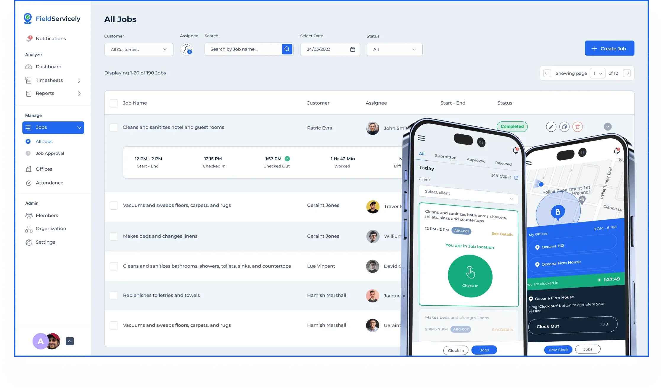 FieldServicely dashboard with job details, assignee names, service dates, and completion status updates with mobile app interface