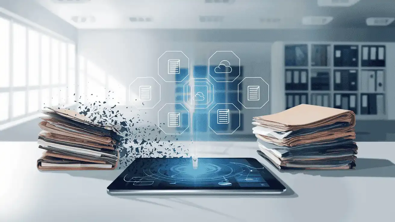 Digital tablet displaying organized documents, with paper stacks fading, symbolizing the shift to a paperless system.