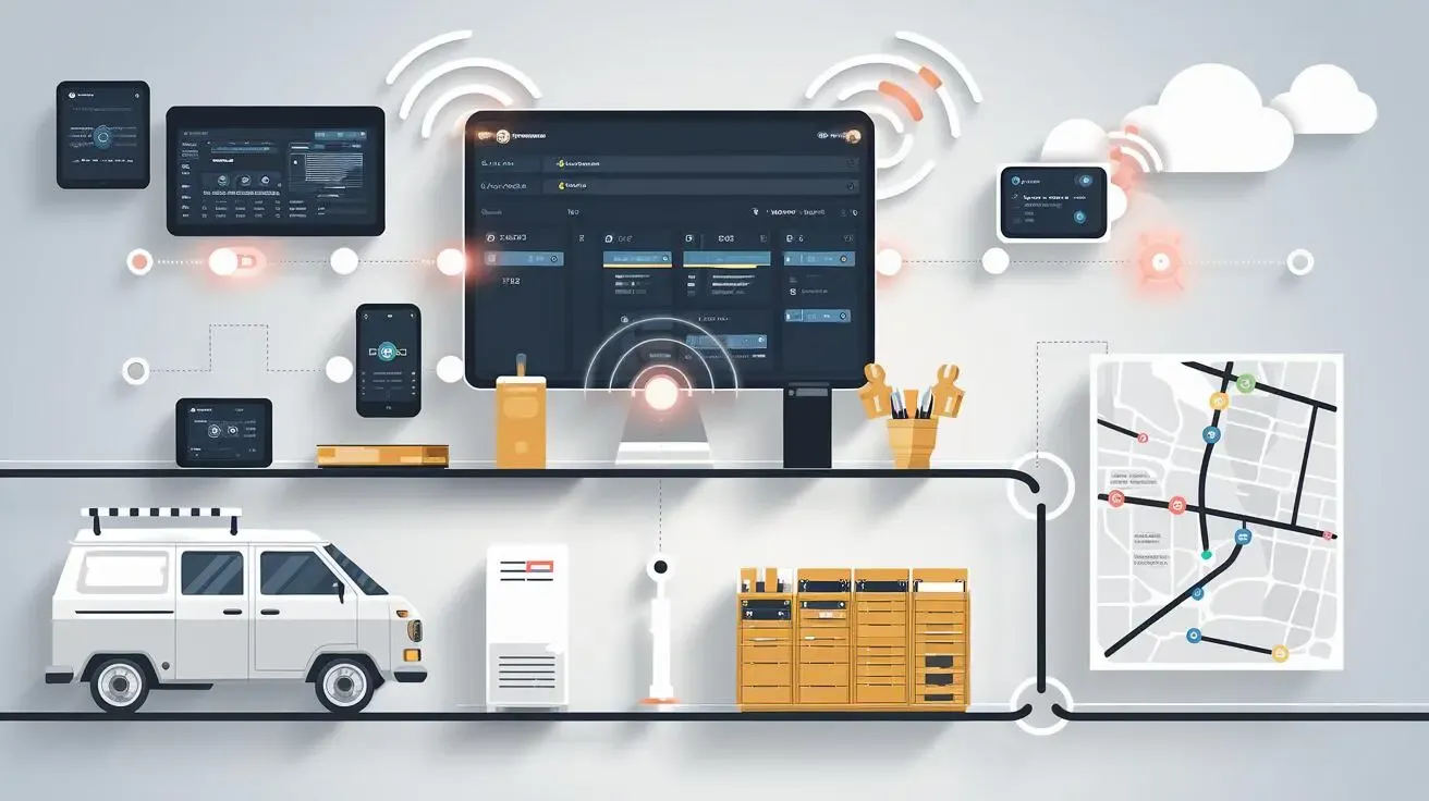 Digital devices with wireless signals and cloud icons symbolizing seamless communication in field service work.