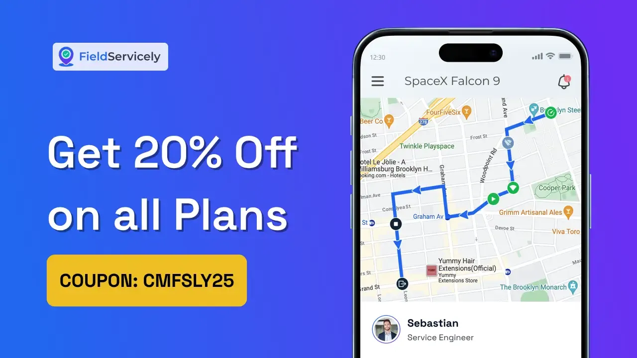 FieldServicely mobile app view on the right and text showing cyber monday deal 20% off